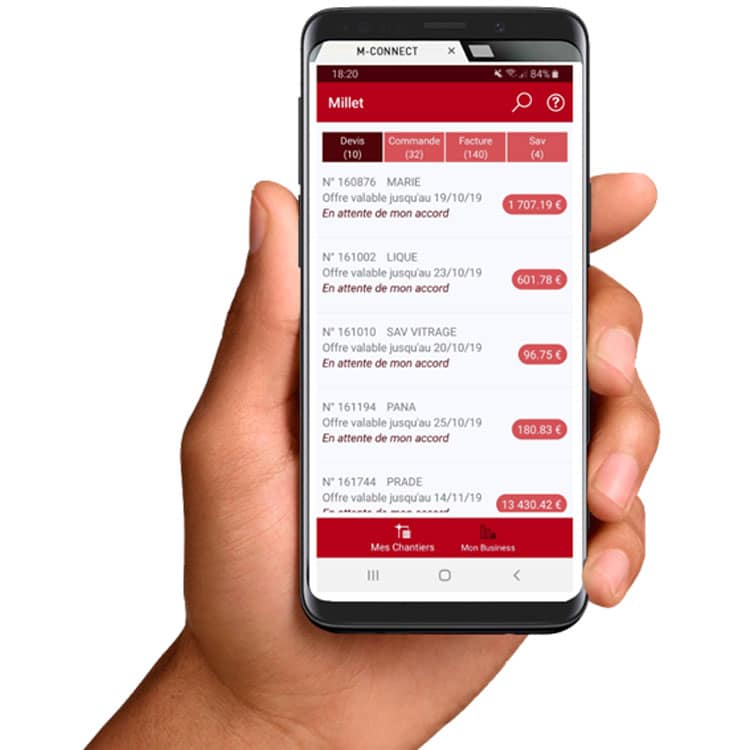 Application M Connect écran devis