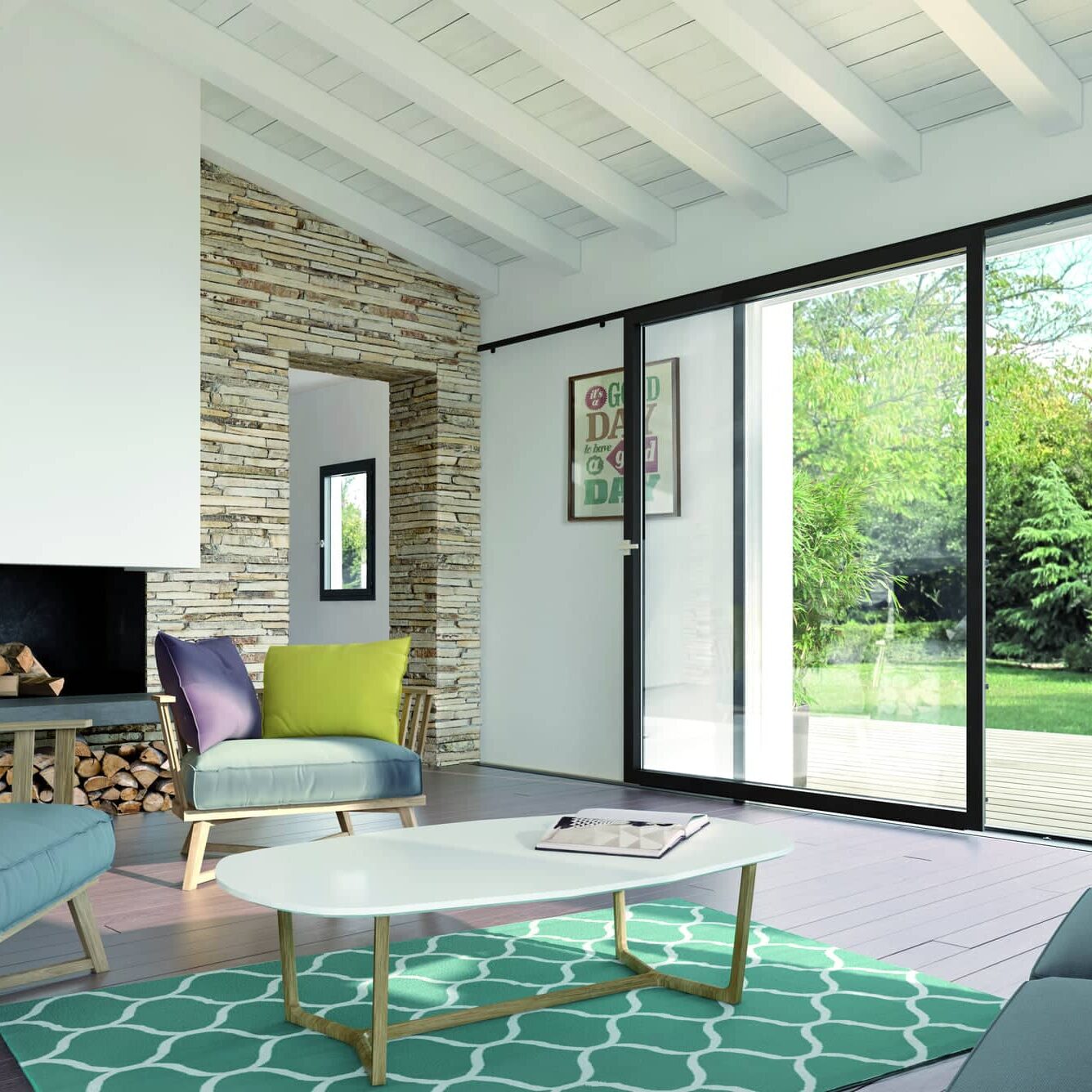 Salon moderne avec luminosité naturelle et décoration stylée